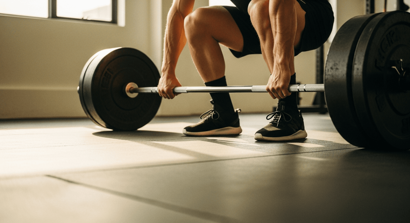 Close-up of a person's hands and legs lifting a loaded barbell on a gym floor in natural light.