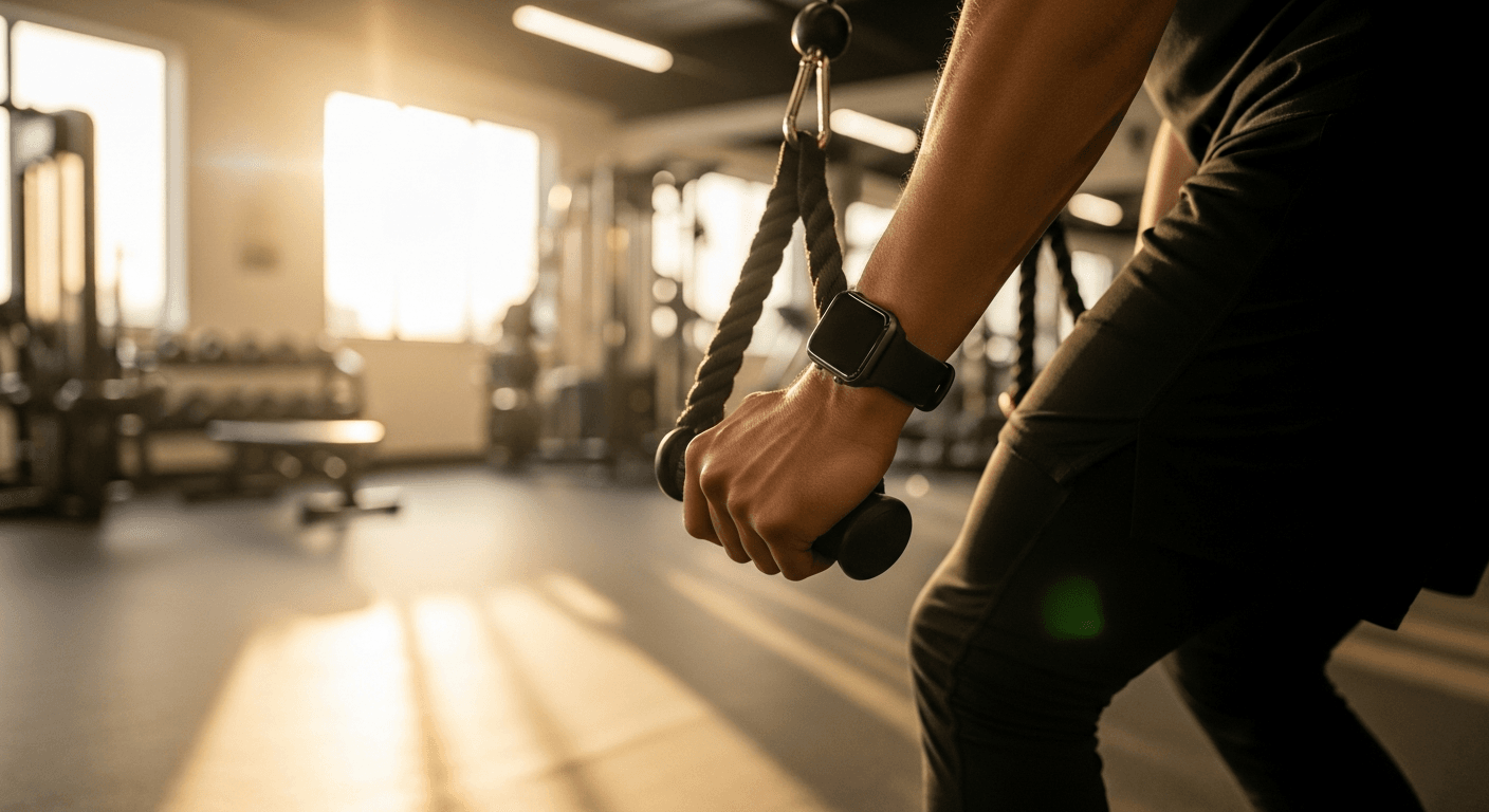 Athlete checking smartwatch during cable machine exercise in warm golden gym light.