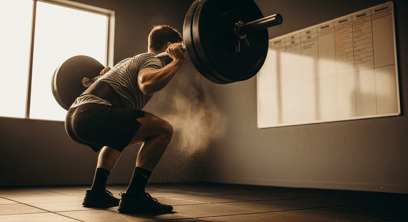 A male lifter performs a barbell back squat in a gym under warm golden natural light.