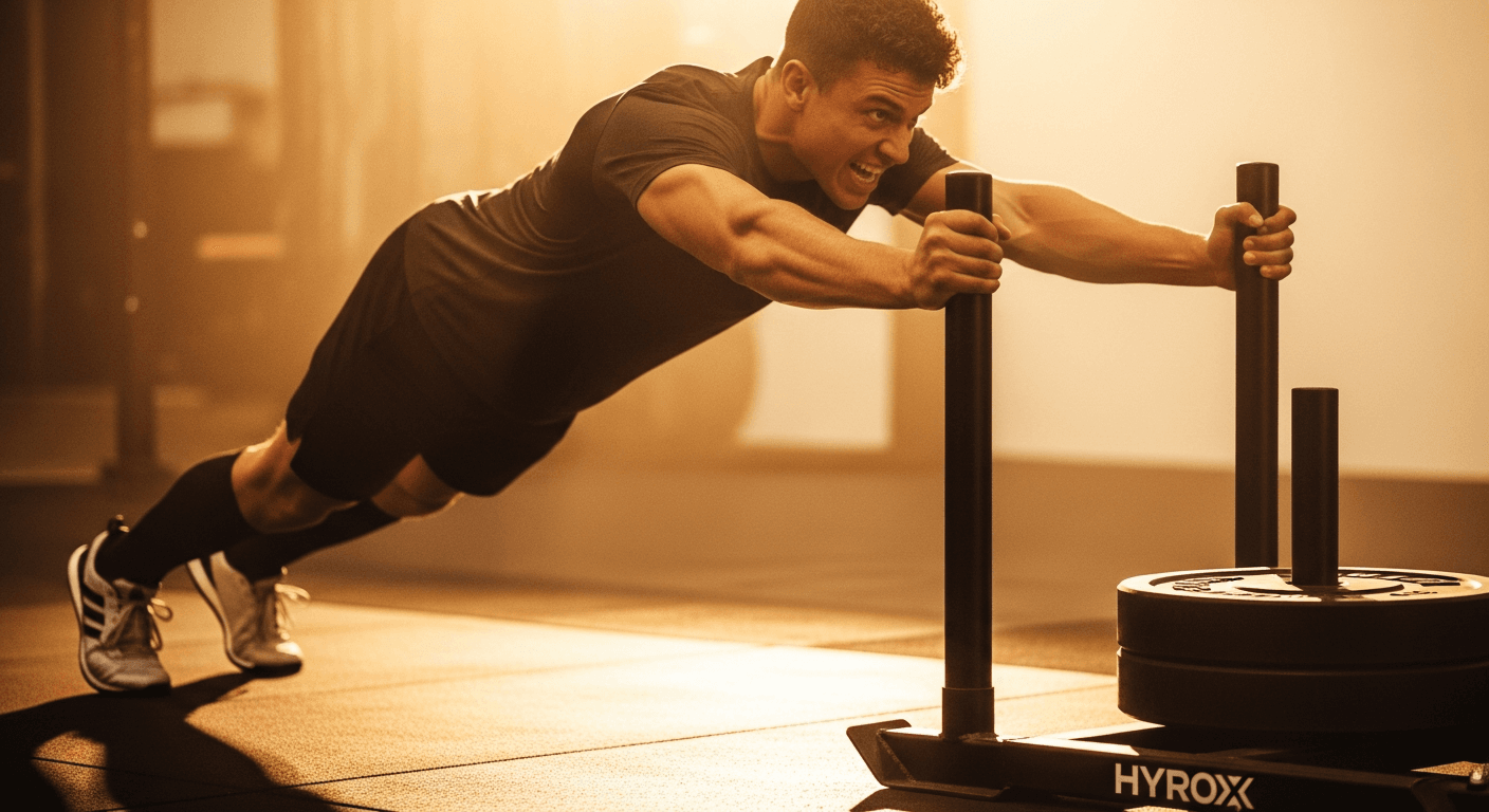 HYROX athlete intensely pushing a loaded sled with visible effort in golden light.