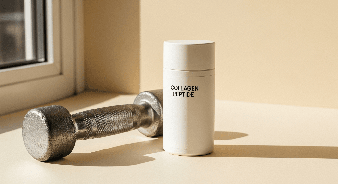 A chalk-dusted cast iron dumbbell and white collagen peptide container on a warm cream surface.