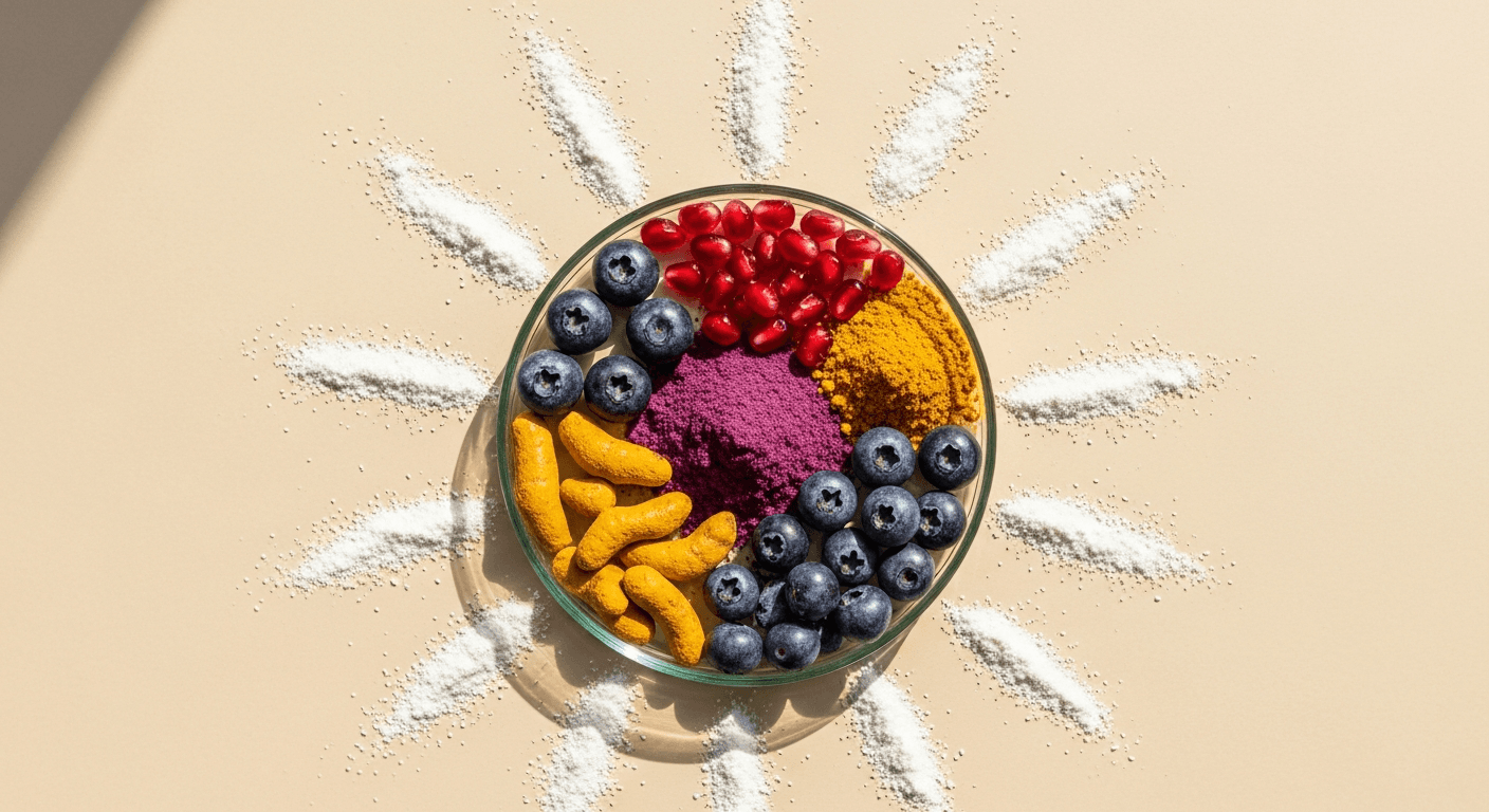 Overhead view of a petri dish with colorful plant powders and berries surrounded by probiotic powder trails on a cream surface.