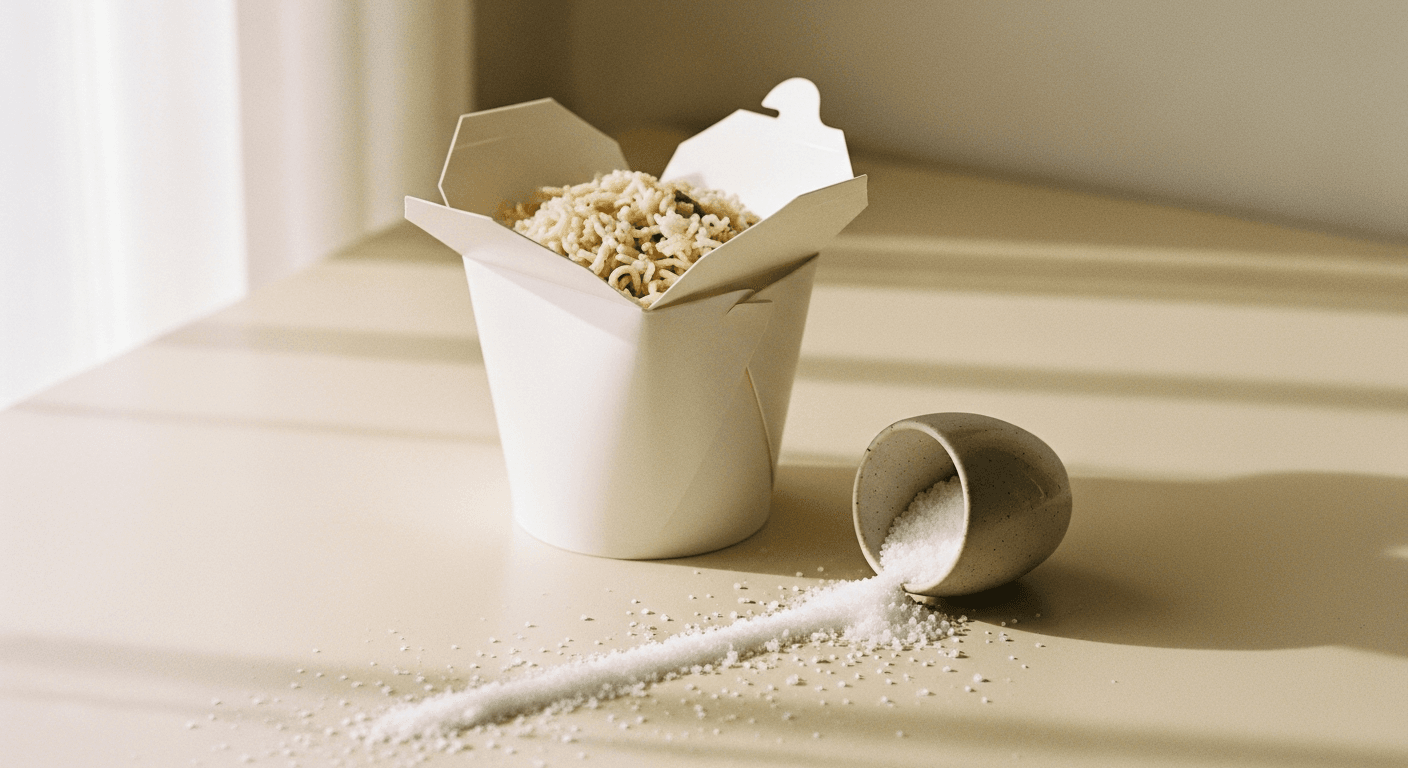 Open takeaway container with noodles beside a tipped salt cellar spilling white salt crystals on a warm surface.