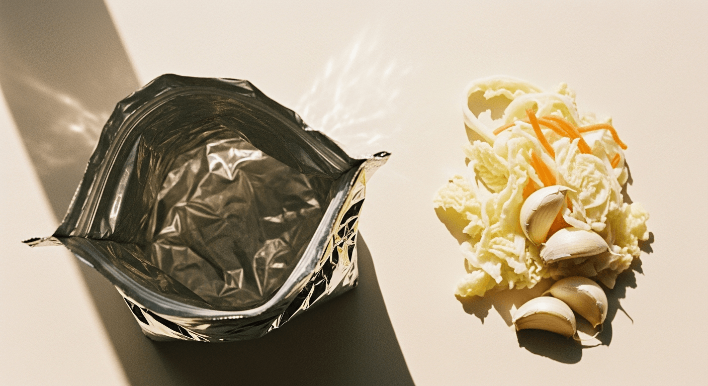 Crumpled snack pouch contrasts with raw fermented vegetables on a warm cream surface.