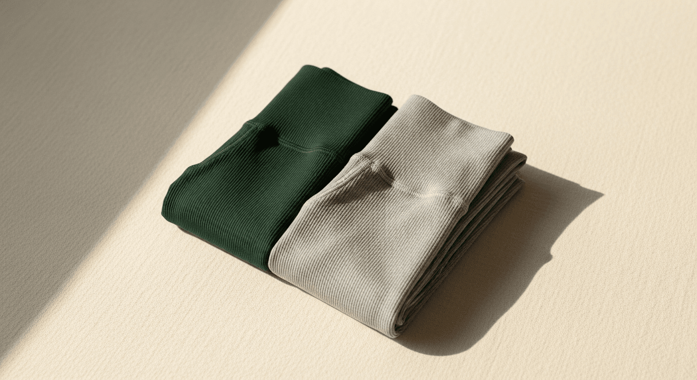 Two folded performance leggings in forest green and ash grey stacked on a warm cream linen surface in soft light.