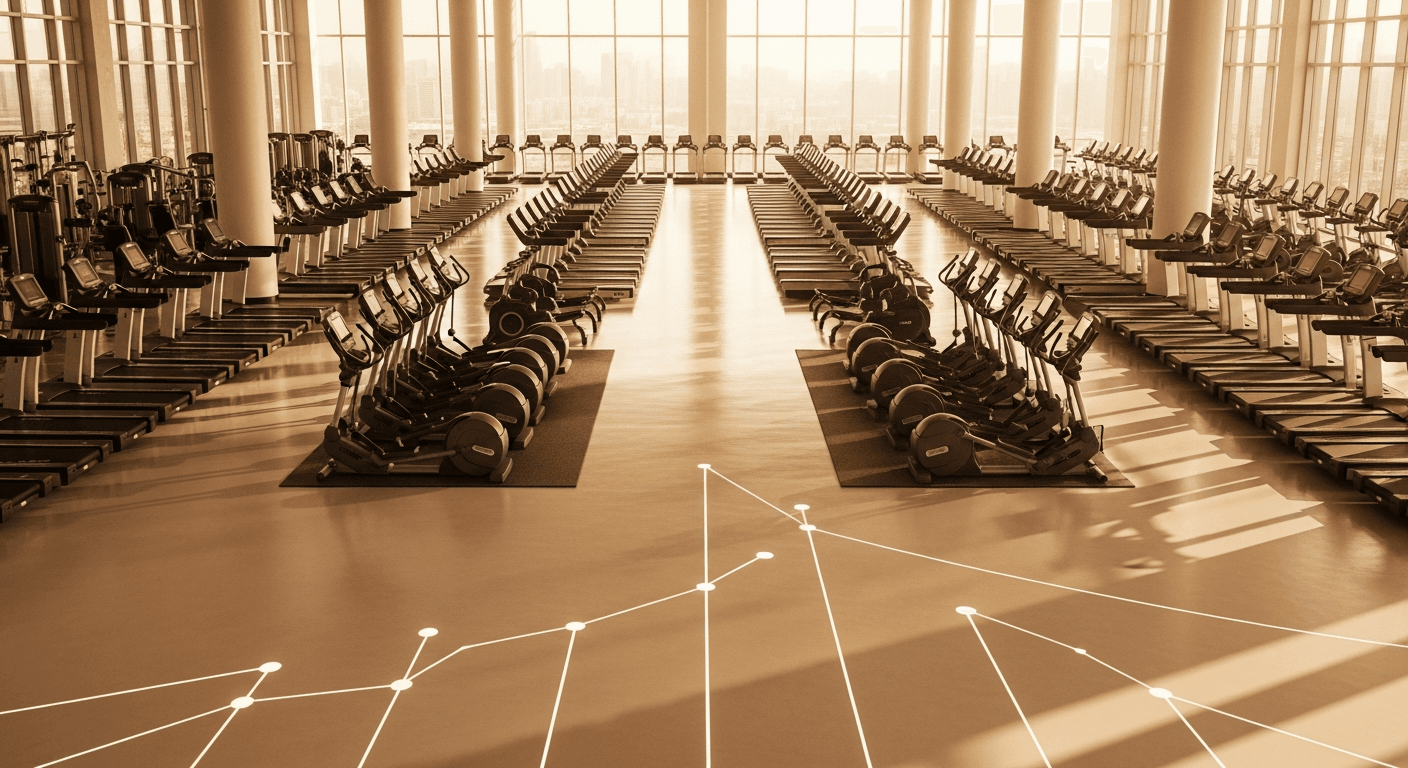 Aerial view of a spacious modern gym with rows of equipment bathed in warm golden light from large windows.