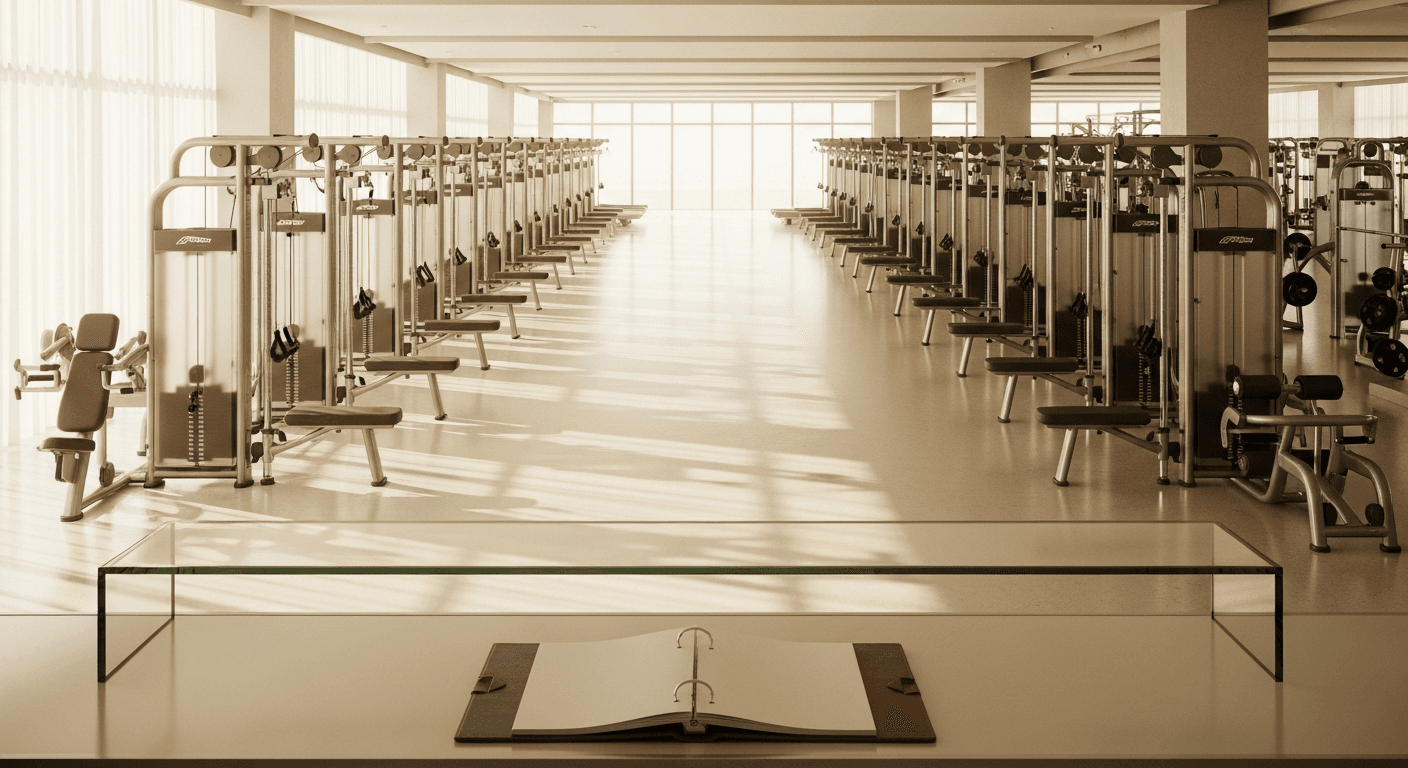 Elevated view of an empty premium gym with cable machines, warm morning light, and an open binder at the reception desk.