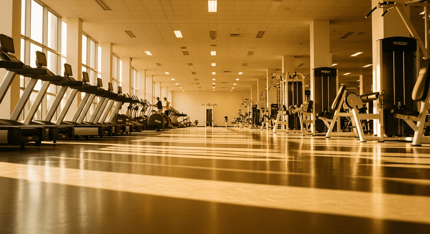 Spacious modern gym interior with scattered members among equipment, bathed in warm golden-hour light from side windows.
