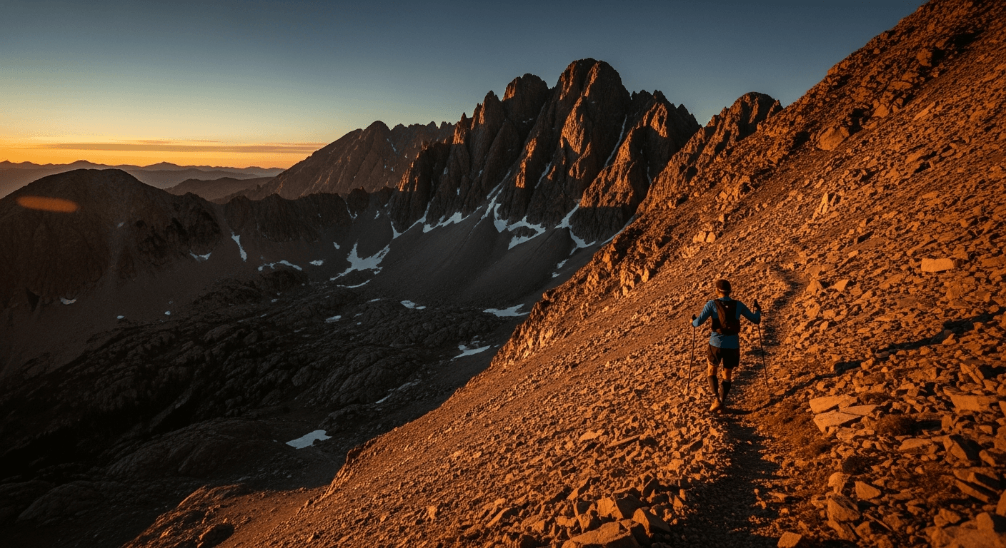 A lone trail runner climbs a steep rocky switchback in the San Juan Mountains at dawn, dwarfed by towering peaks.