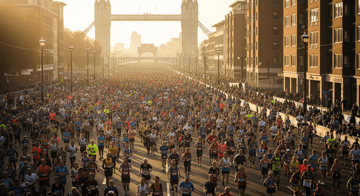 Tens of thousands of runners flood a London street toward Tower Bridge in golden morning light.