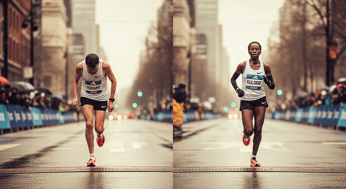 Two marathon runners late in race: hunched exhausted male runner on left, upright powerful female runner on right.