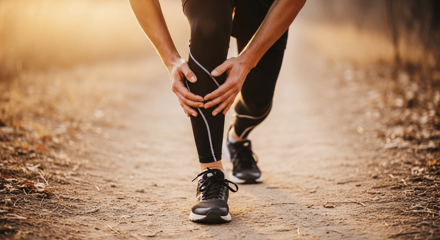 Runner stopped on a dirt trail, gripping lower leg with both hands in morning golden light.