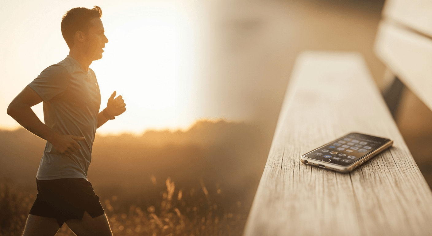 A runner in mid-stride on a sunlit trail with an abandoned phone blurred on a bench in the background.