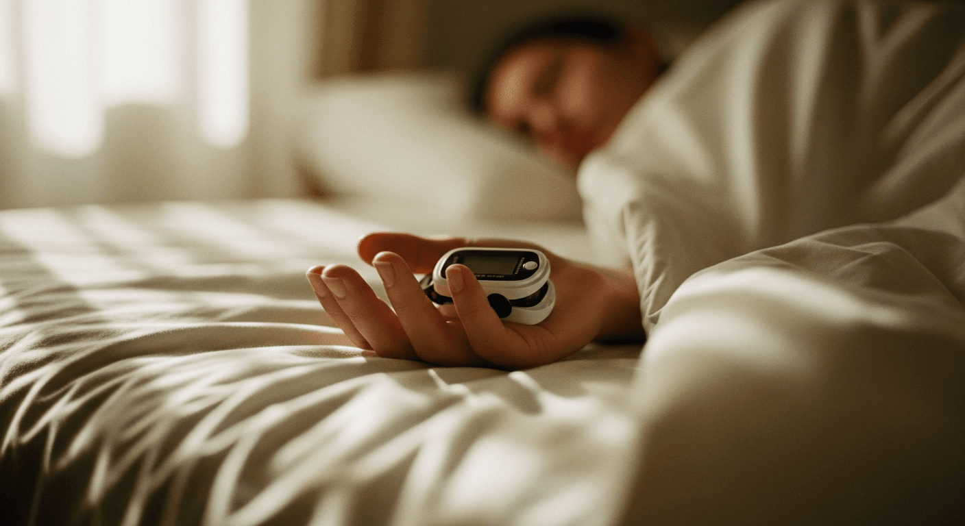 A pulse oximeter clipped on a relaxed finger resting on cream-white bedding, with a sleeping figure softly blurred in the background.