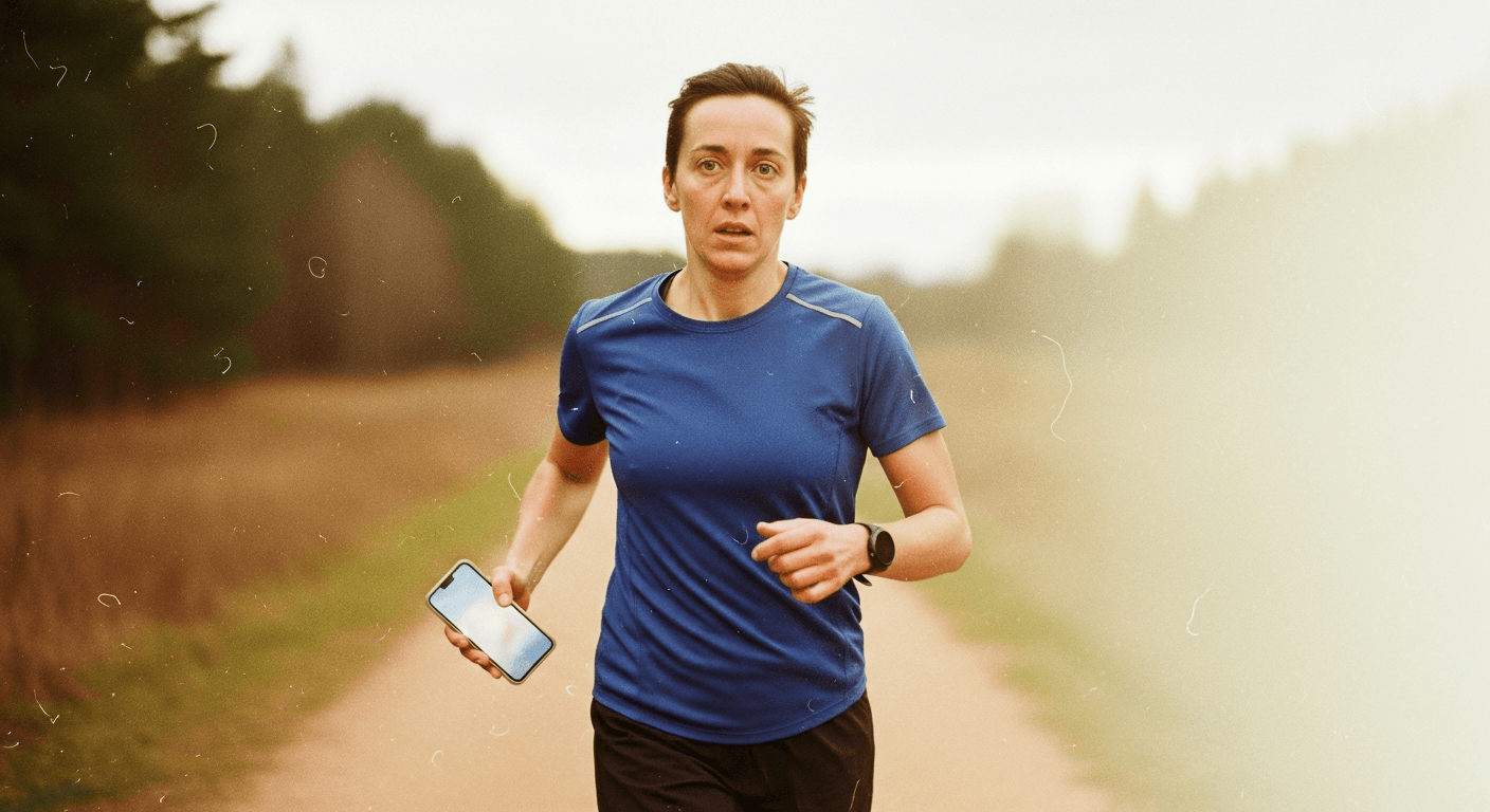 A runner mid-stride gazes distractedly at a blurred phone, expression dazed, on a golden-lit trail.