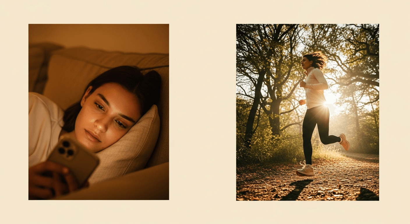 Split image: woman scrolling mindlessly on phone with glassy eyes on left; same woman running energetically on a trail on right.