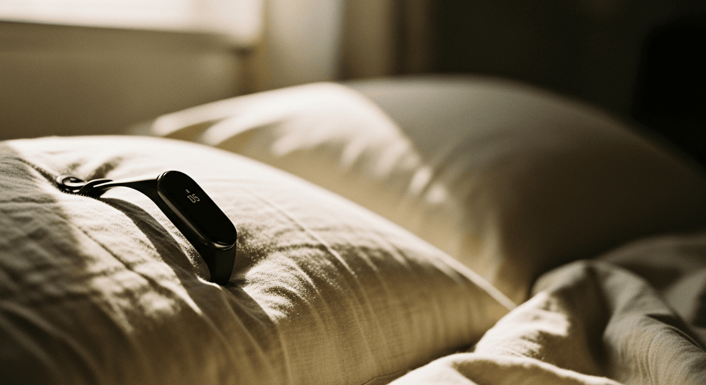 A fitness tracker rests on a cream linen pillowcase in warm morning light.