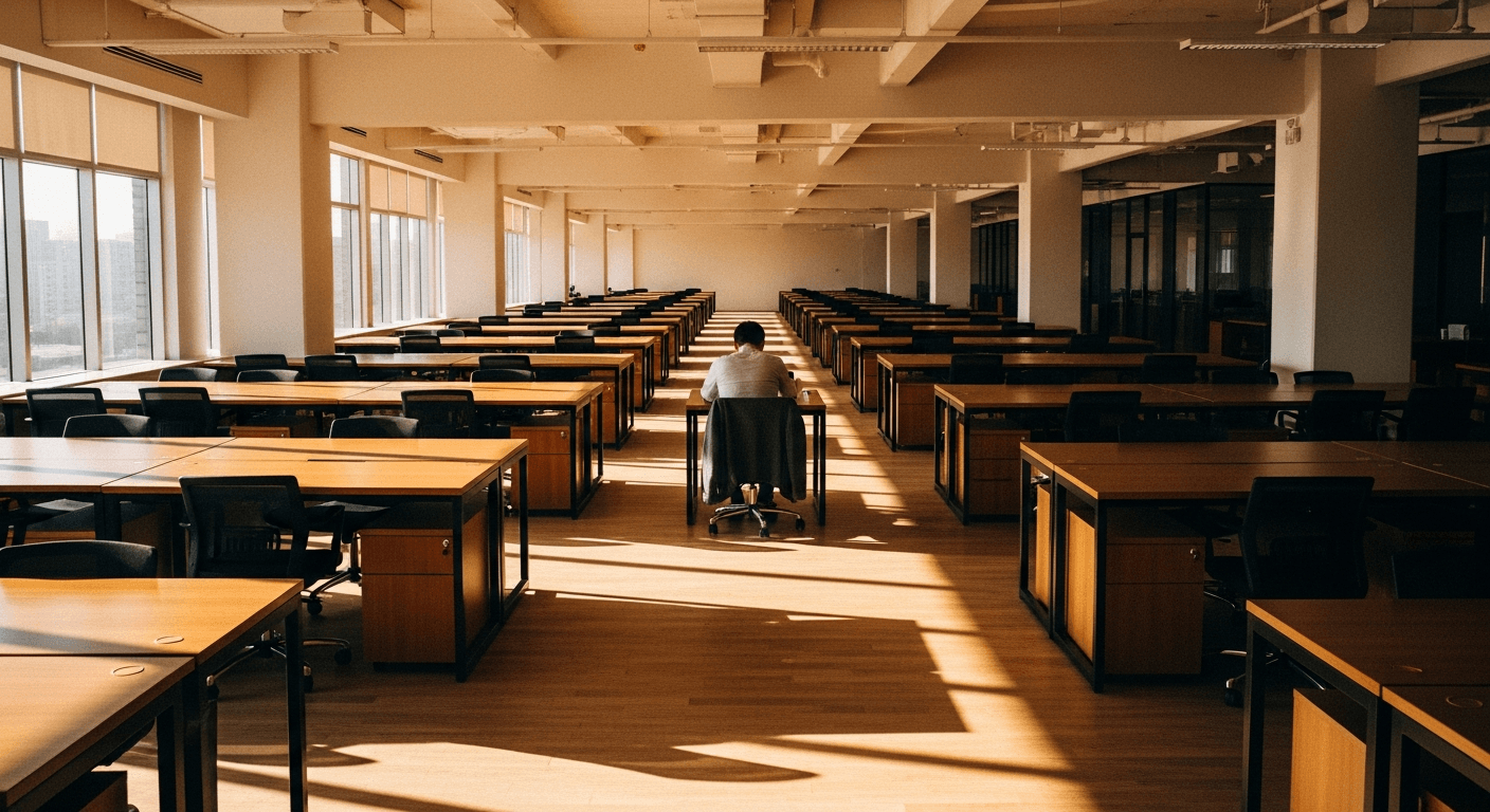Solitary worker hunched at desk in vast empty office, bathed in warm golden light.