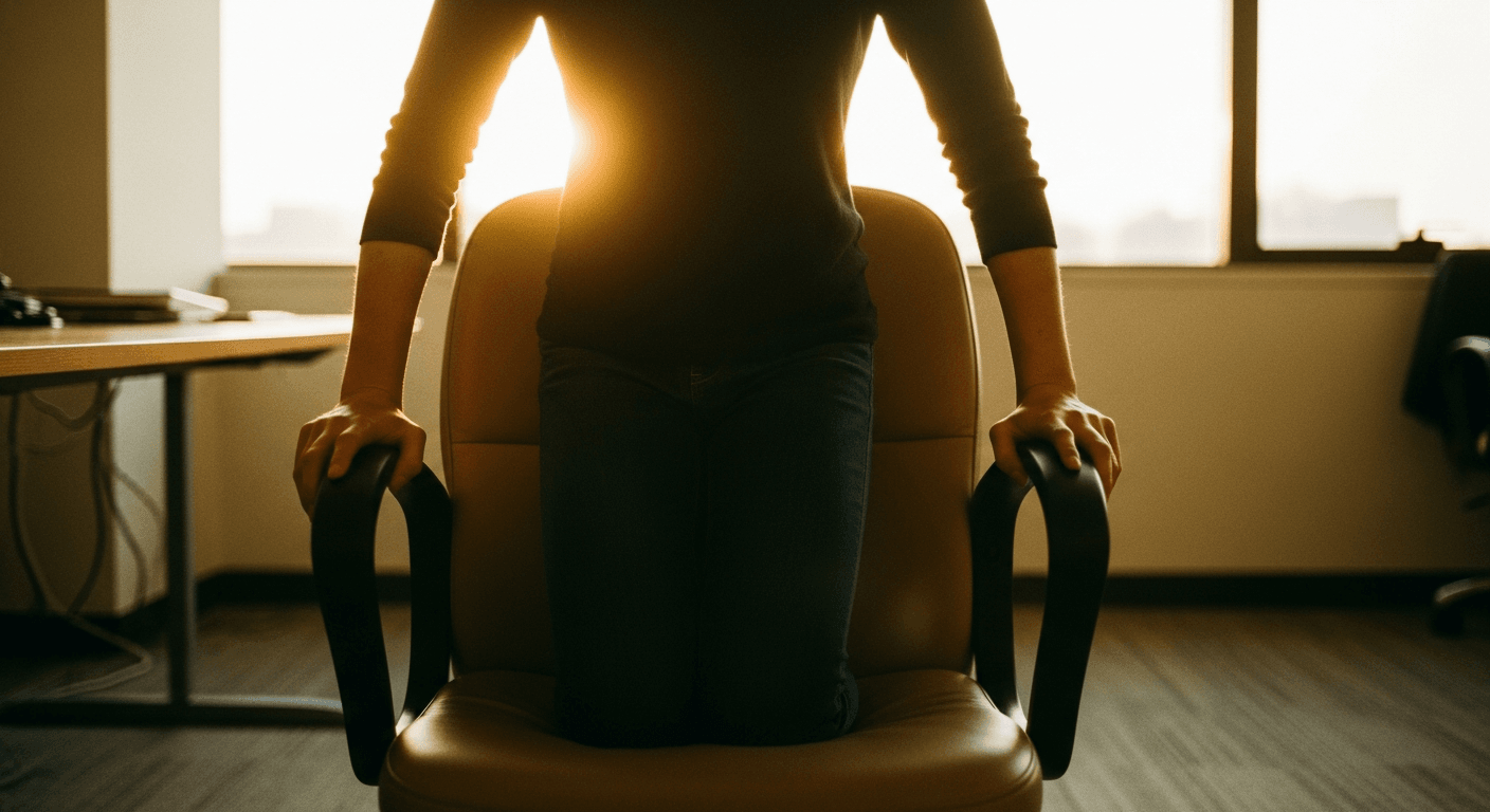 Person rising from an office chair in warm natural light, emphasizing the act of standing up from prolonged sitting.