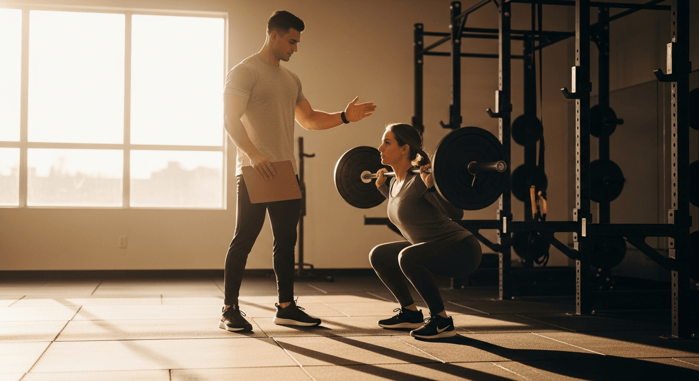 A personal trainer corrects a client's form during a barbell squat in a gym.