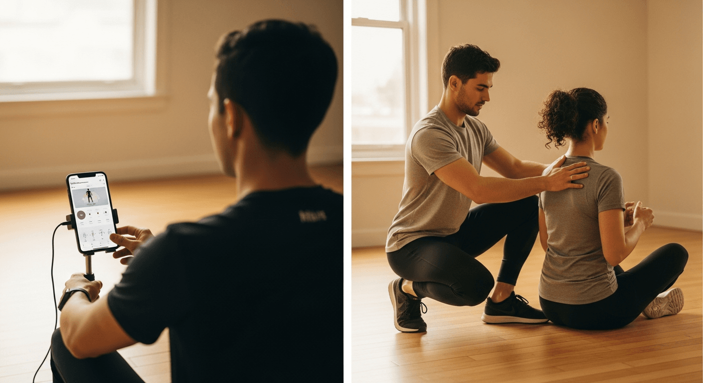 Split-frame comparison of solo AI-guided training and personalized human coaching in a warmly lit gym.