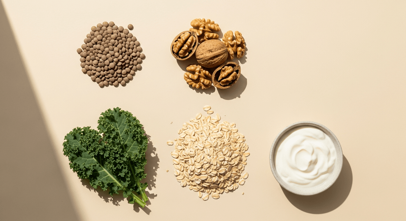 Overhead view of five whole foods: lentils, walnuts, oats, kale, and yogurt arranged on a warm cream background.