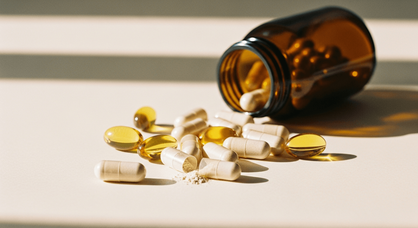 Supplement capsules spilled from a tipped amber bottle on a warm cream surface.