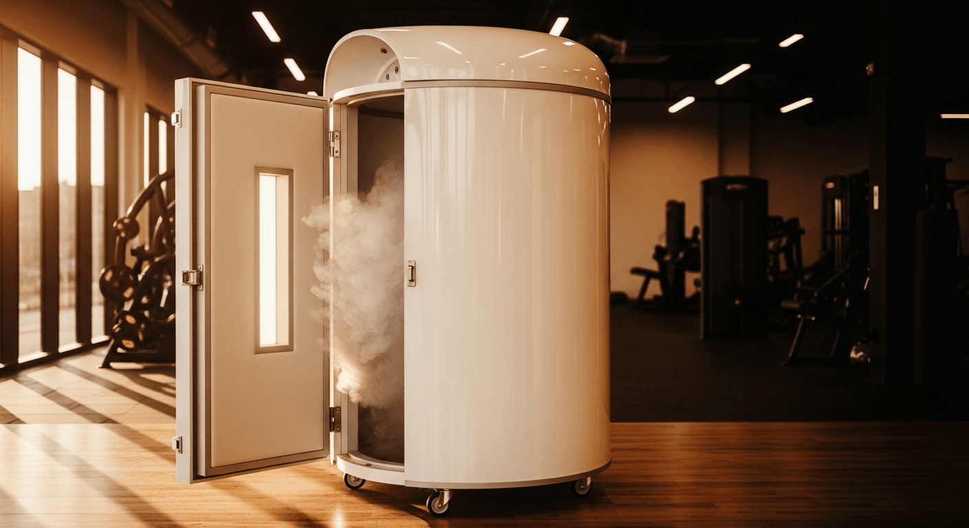 Open white cryotherapy pod on gym floor with golden-hour light casting shadows across hardwood.