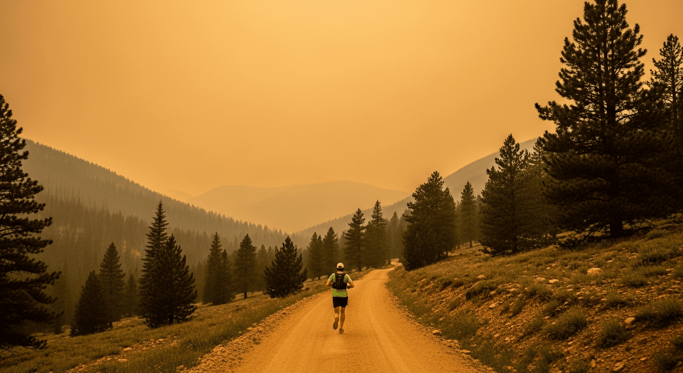 A lone trail runner strides across a dusty Colorado mountain path shrouded in wildfire smoke.