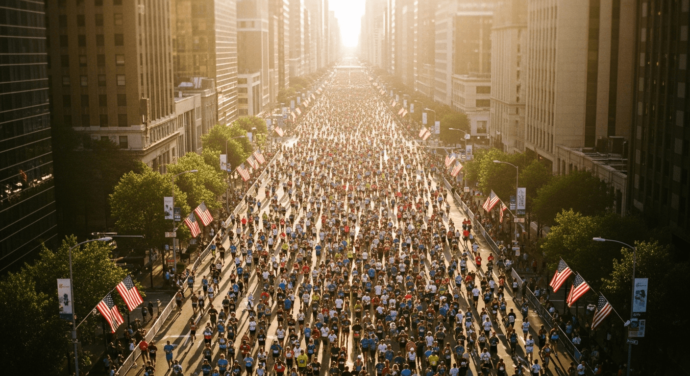 Aerial view of thousands of runners packed densely on a city boulevard during a July 4th race.