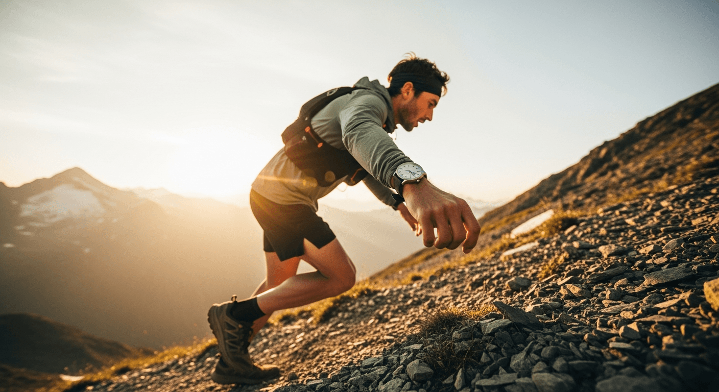 Trail runner mid-stride on alpine mountain path at golden hour, luxury watch visible on wrist.