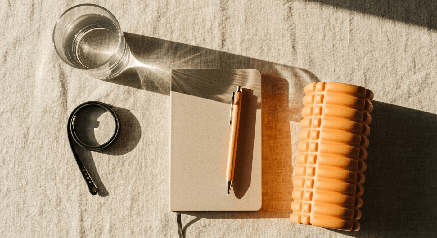 Flat-lay of recovery essentials: water glass, closed journal, foam roller, and sleep tracker on warm cream linen in soft morning light.