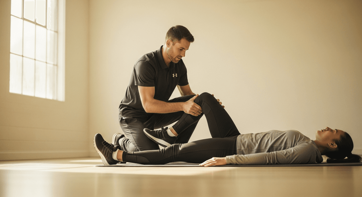 A coach kneels beside an athlete on a gym mat, carefully examining the athlete's knee with focused attention.