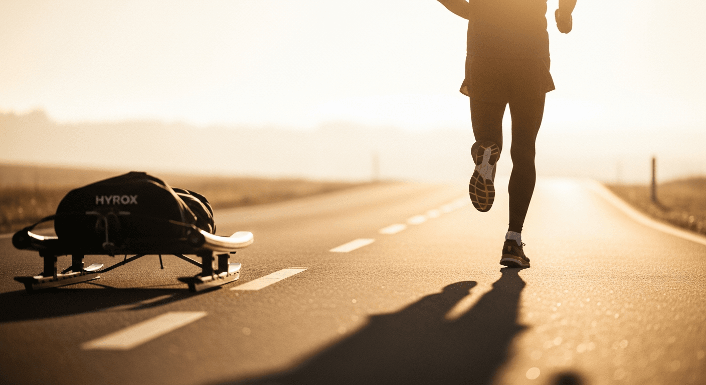 A runner in motion on a road at golden hour with a blurred HYROX competition sled visible in the background.