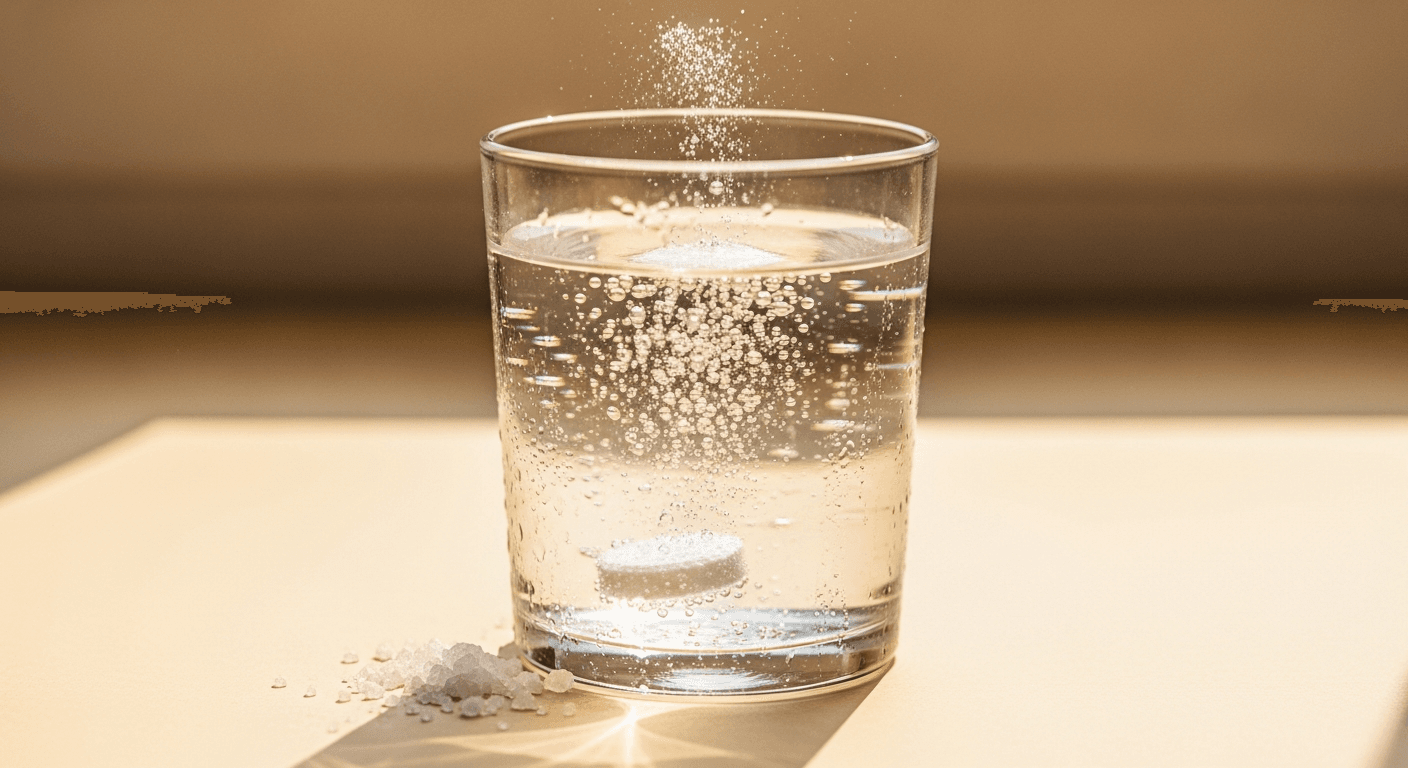 A sweat-dampened glass of water with a fizzing electrolyte tablet dissolving, surrounded by sea salt crystals on a warm cream background.