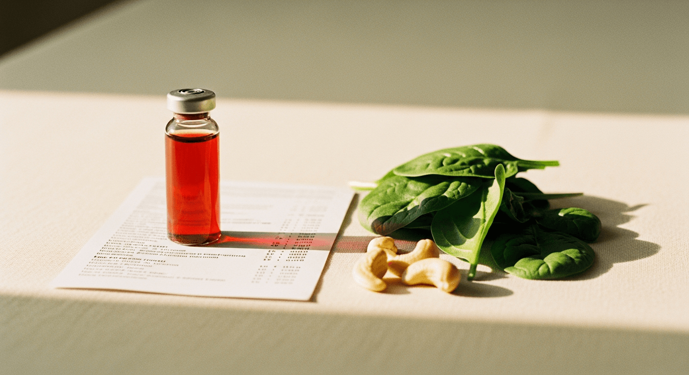 Blood serum vial beside lab results and nutritious foods on warm cream linen.