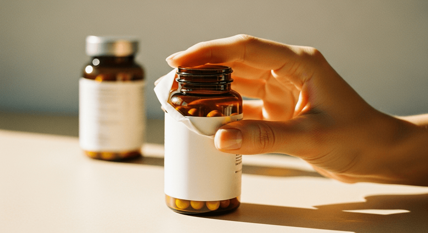 A hand closely examining a translucent amber supplement bottle under warm natural golden light.