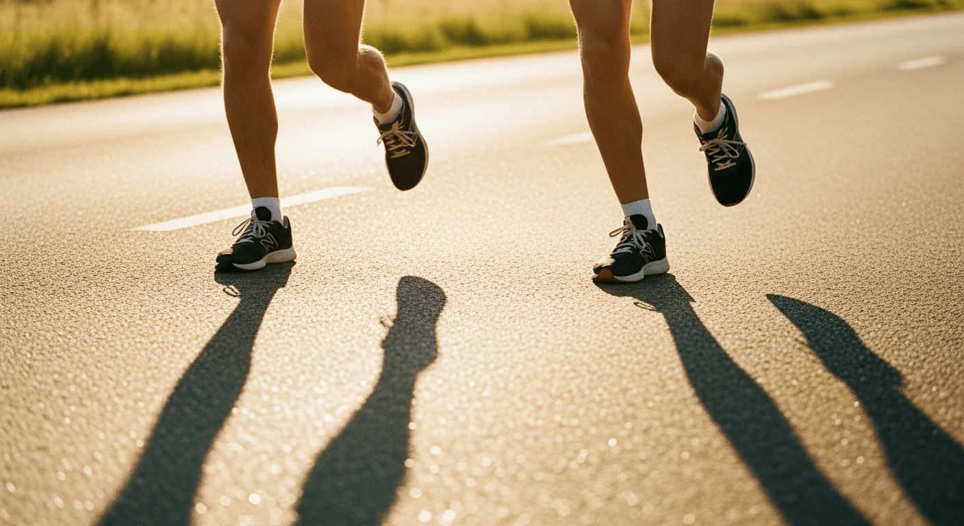 Two runners in synchronized stride captured from the knees down on a sunlit road.