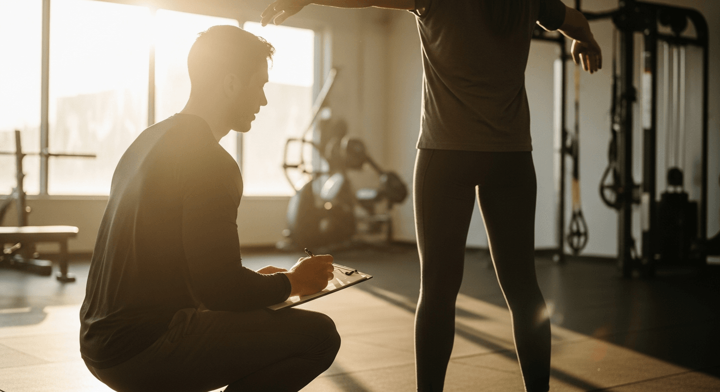 A coach crouched beside a client performing an exercise in a bright, naturally lit gym.