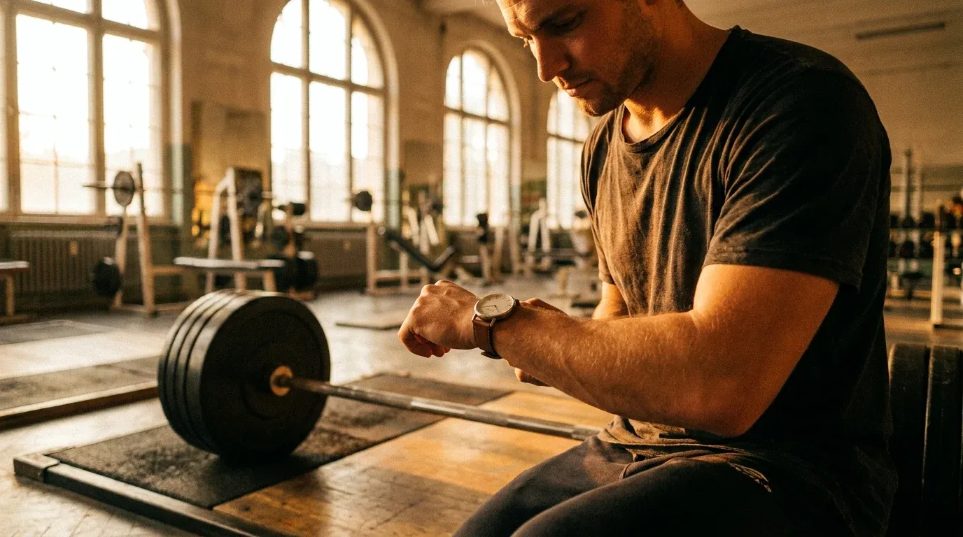 A male lifter checks his analog watch beside a loaded barbell in warm golden gym light.