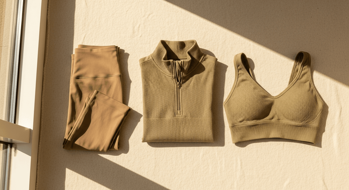 Flat-lay overhead shot of folded earth-tone leggings, ribbed quarter-zip, and sage bralette on cream linen in warm natural light.