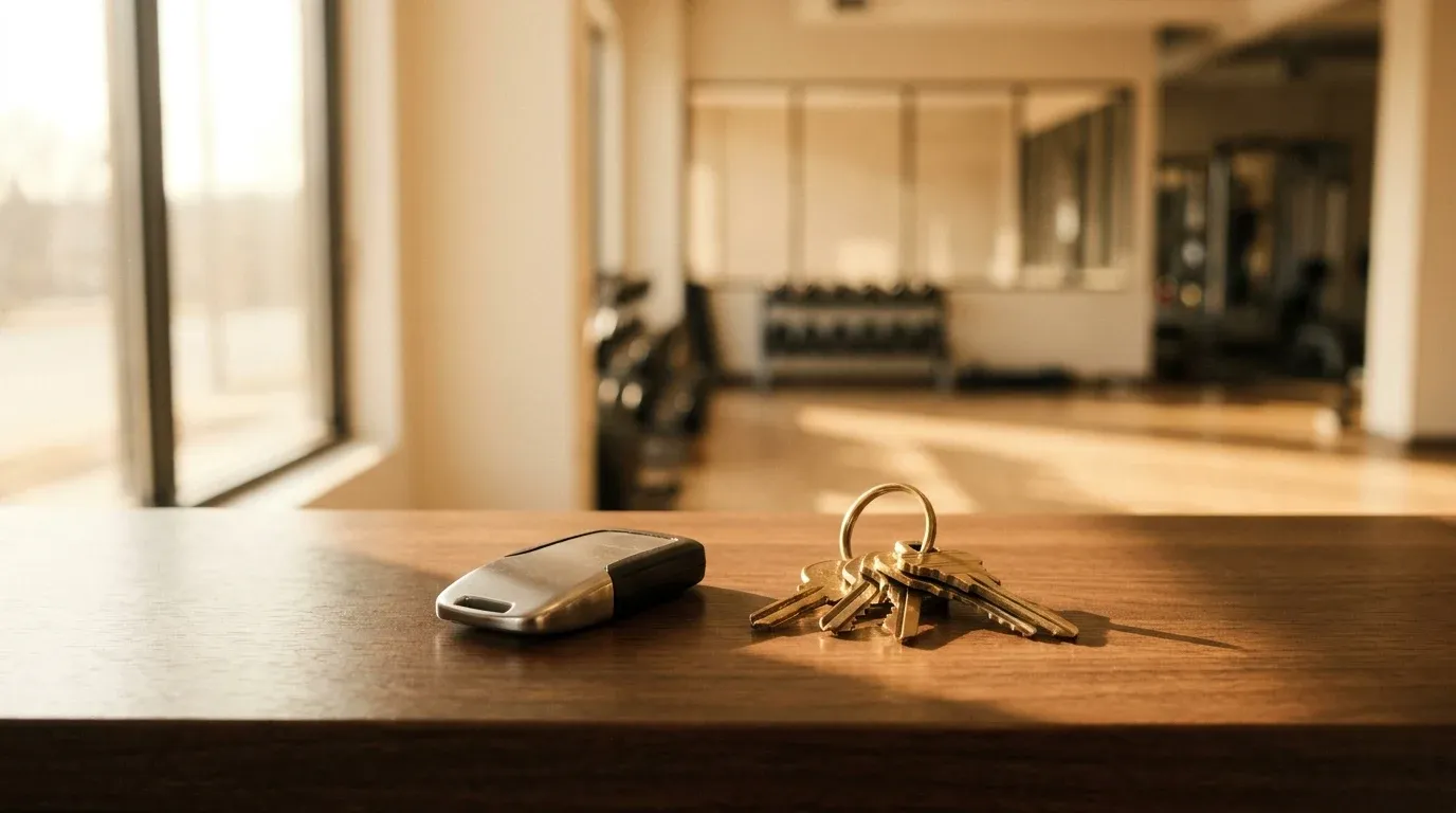 Modern fob and traditional key ring placed side by side on a polished gym reception desk.