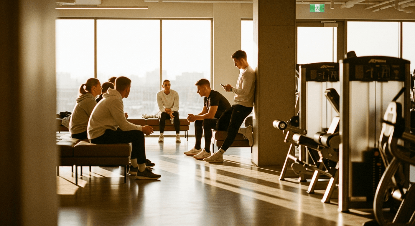 Young adults in athletic wear socializing together in a bright, modern gym lounge area with natural light.