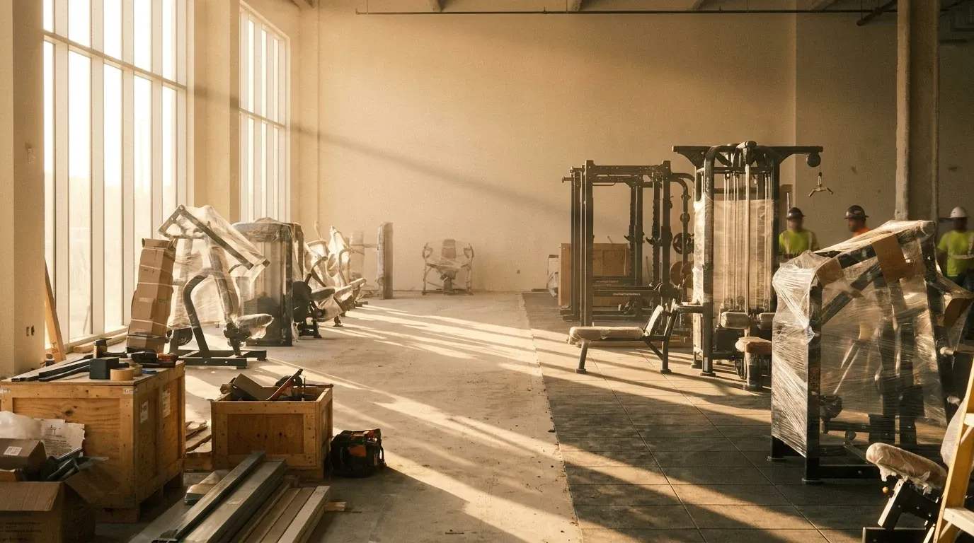 Interior view of a large commercial gym under construction with wrapped equipment and new flooring.