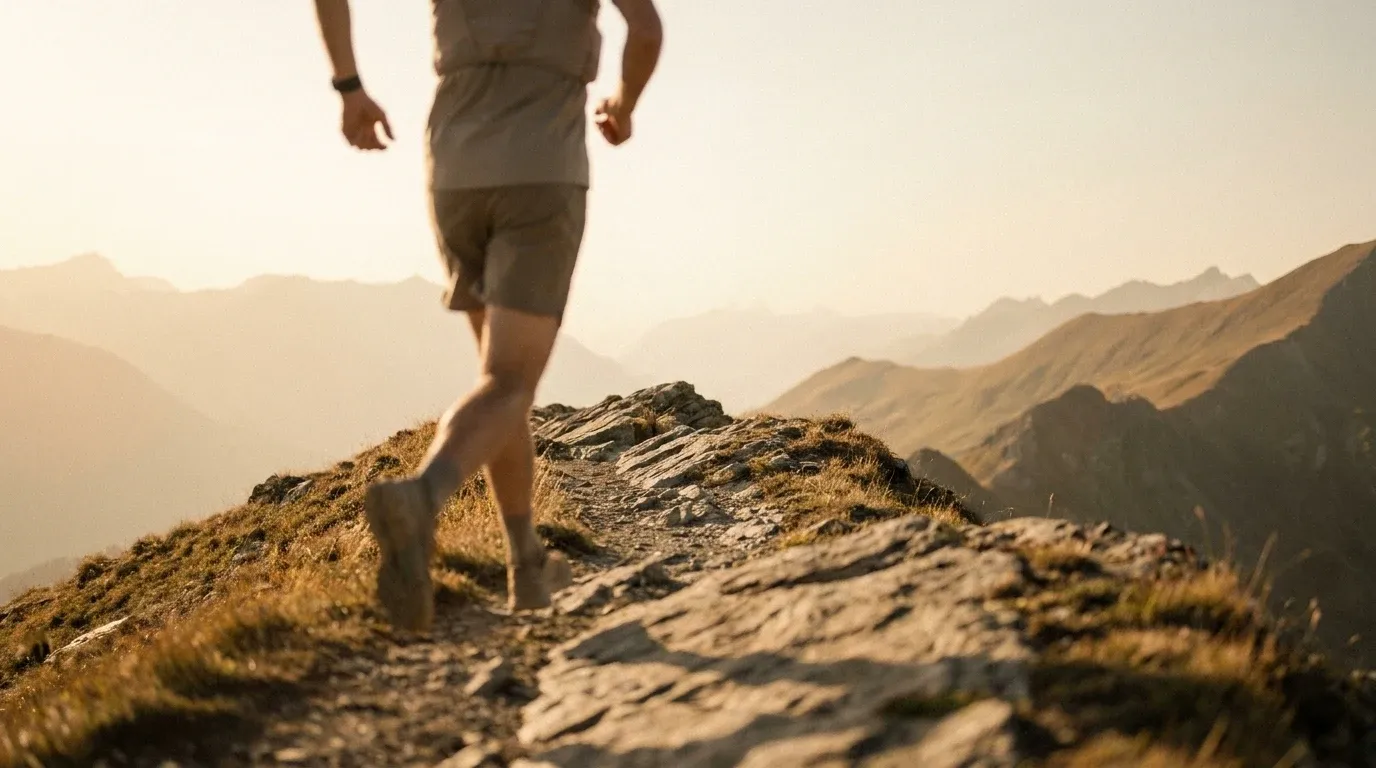 Trail runner mid-stride on an alpine ridgeline, captured in dynamic motion during golden hour.