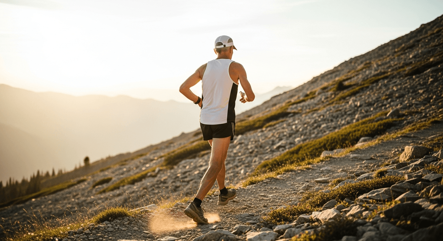 An older male runner mid-stride on a rocky alpine trail, bathed in warm golden-hour light.