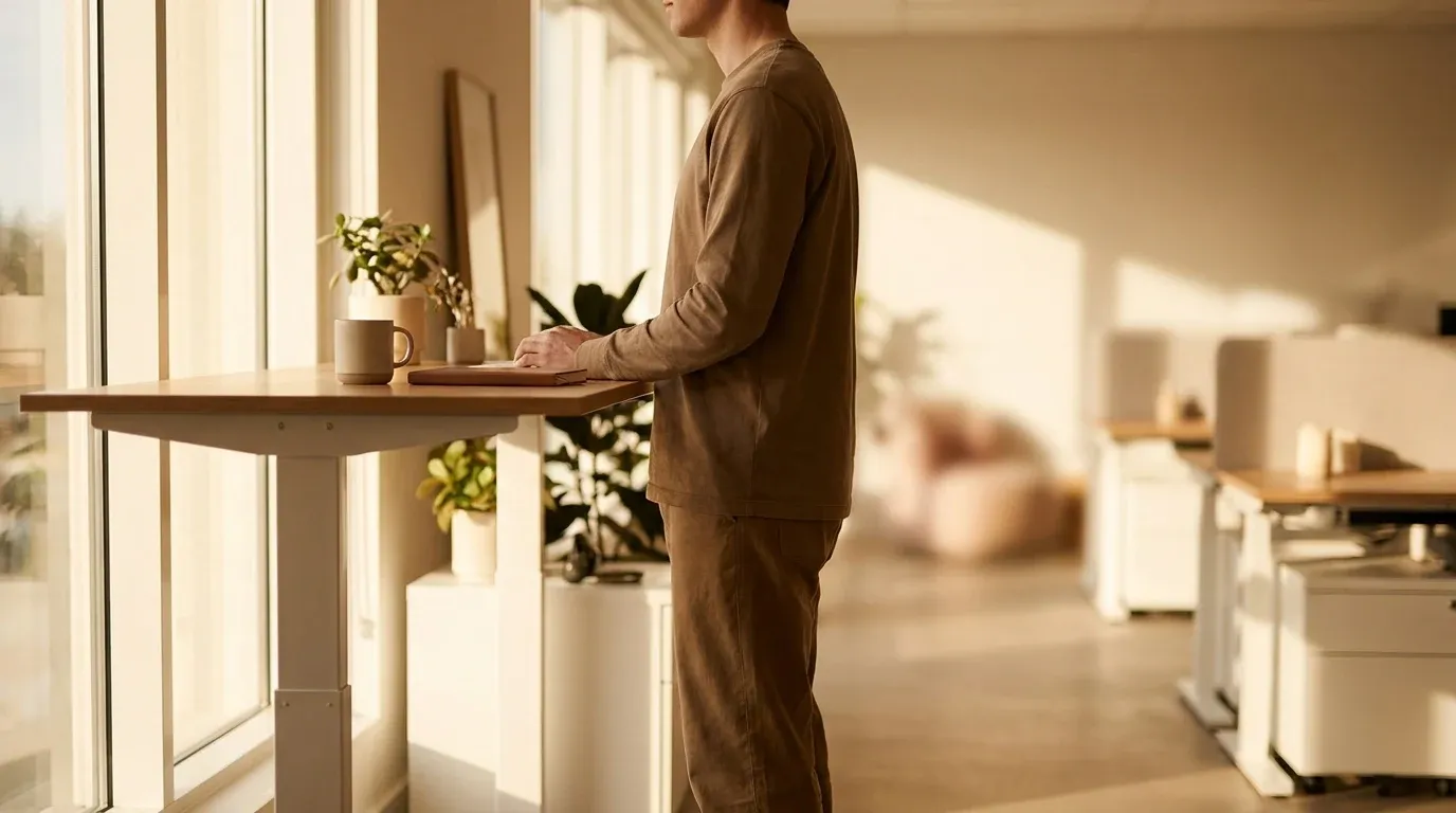 A worker stands at a height-adjustable desk by a window, bathed in warm natural golden light.