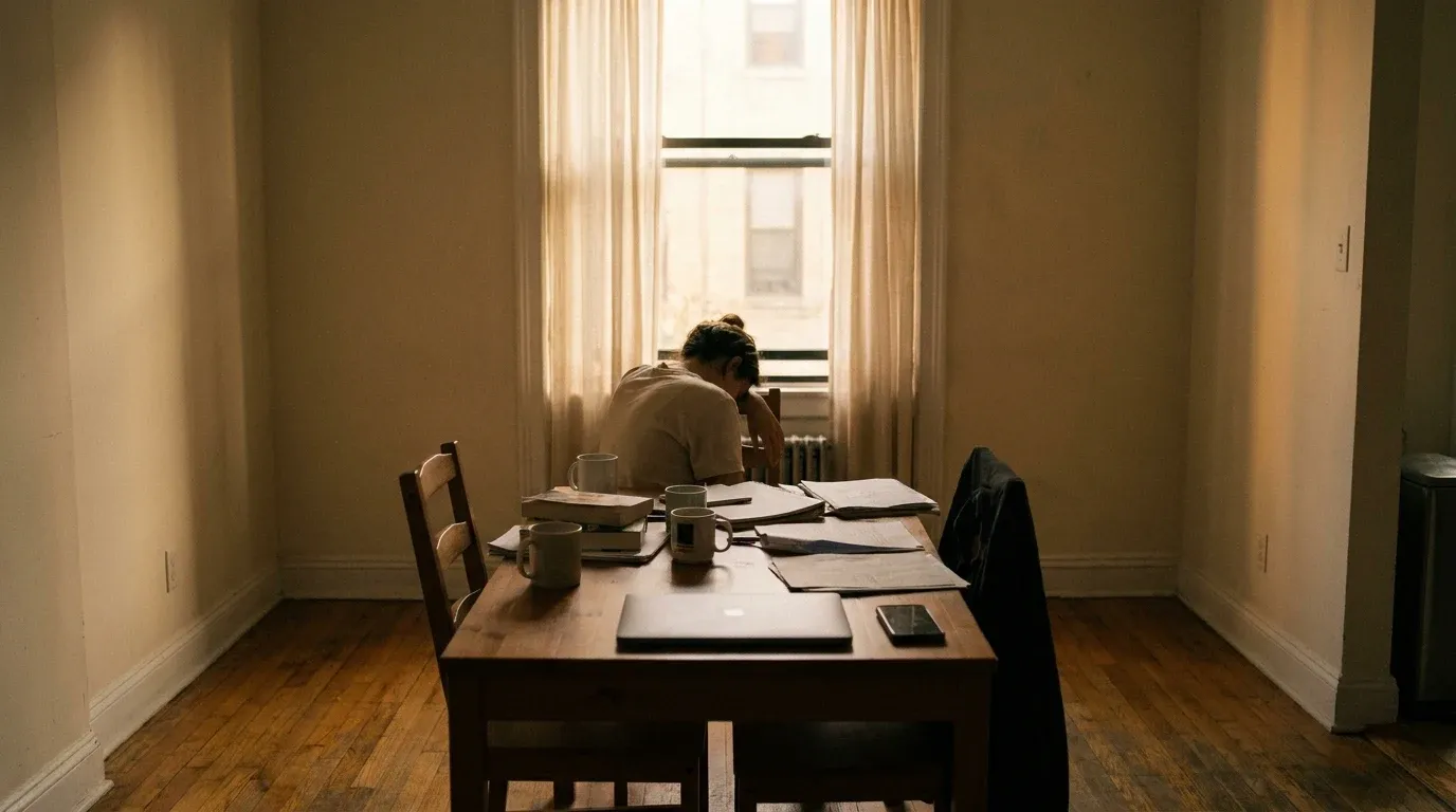 A solitary figure slumped at a cluttered home desk in a sparse apartment, emphasizing the isolation of remote work.