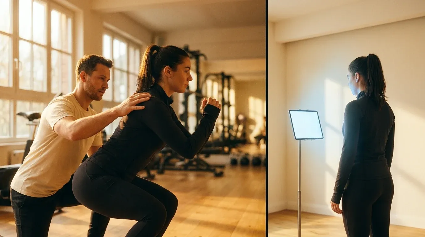 Split-screen gym image: human trainer coaching client on left, client facing tablet on right.