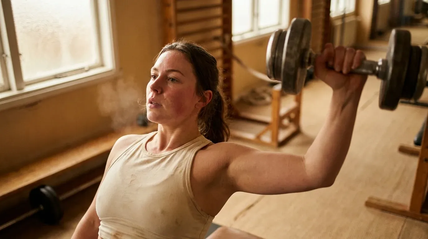 Woman performing a dumbbell press exercise shot from below, bathed in warm golden natural light.